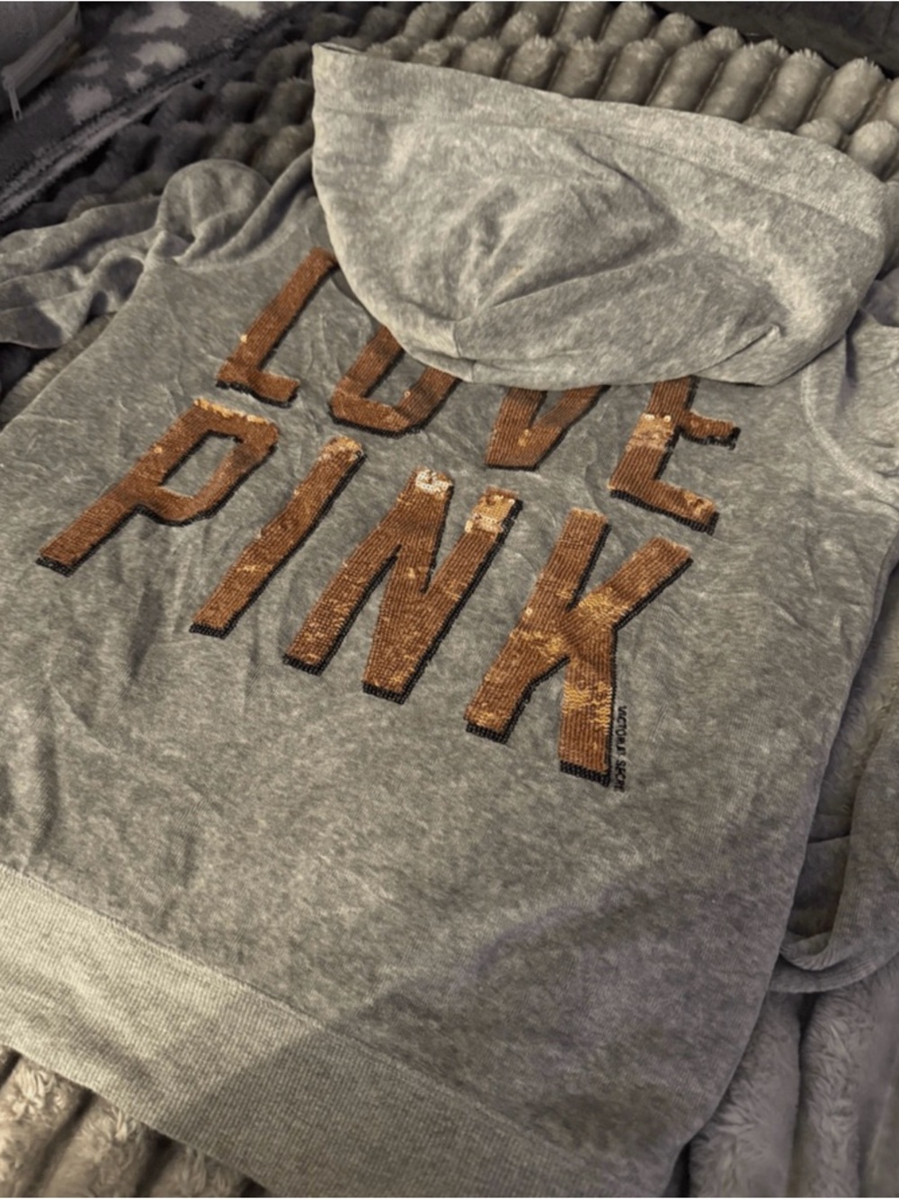 Vintage VS PINK fur lined Gray Hoodie with Copper Sequin Logo